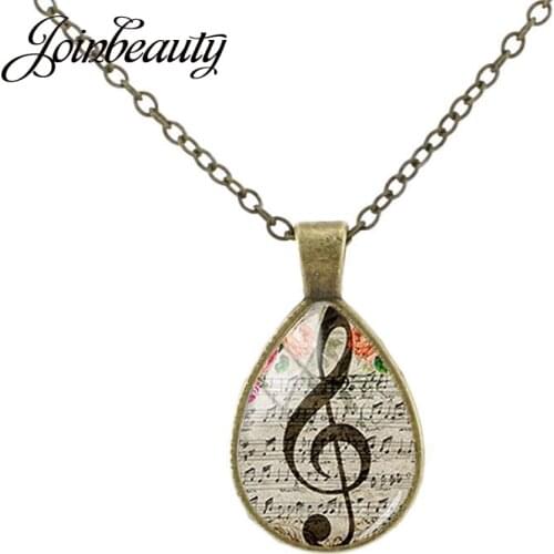 JOINBEAUTY Glass Dome Teardrop Shape Necklaces Musical Note Pattern Pendant Women Men Jewelry Musician Fashion Necklace D473