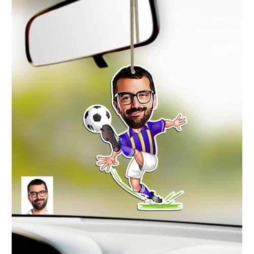 Personalized Yellow Navy Blue Football Player Caricature Of Wood Car Rearview Mirror ornament