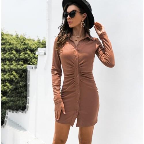 Autumn Mini Dress Women New Spring Fashion Casual Turn-down Collar Long Sleeve Button Black Folds Slim Party Dresses For Femme