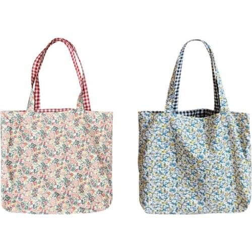 Simple Food Picnic Travel Large Capacity Dual Use Shoulder Tote Bag Floral Plaid LX9F
