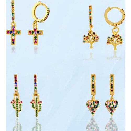 Korean Fashion Cross Heart Dangle Earrings For Women Vintage Fine Colorful Zircon Pendant Ear Buckle Girl Cute K-pop Accessories