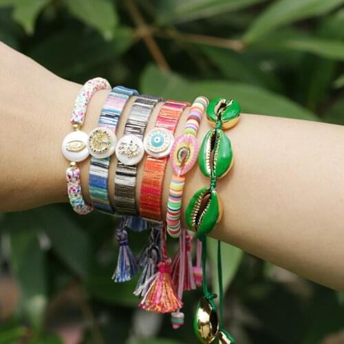 Bohemia rainbow cz pave gold moon heart cotton soft silk tassel wristband adjustable charm bracelet for woman for best her