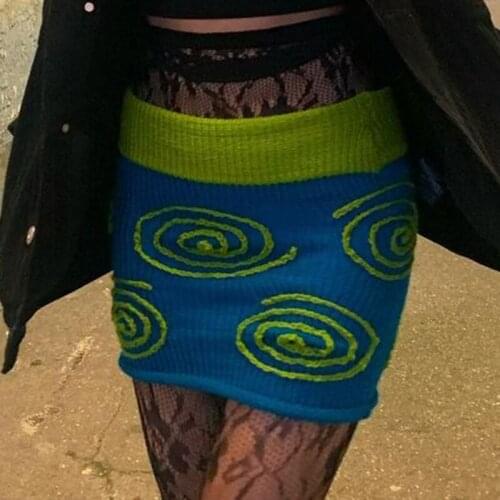 Hirigin Knitted Color Block Crochet Mini Skirt 2021 Women Girls Y2K High Waist Bodycon Knitting Skirts Summer Club Streetwear