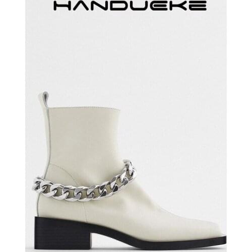 Women Winter White Ankle Boots Flat Heels Metal Chain Boots Fashion Brand Street Punk Shoes Square Toe Woman Chunky Shoes