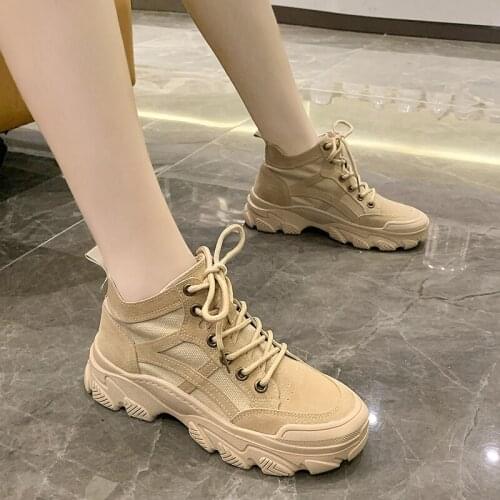 2020 New Autumn Solid Leather Ankle Boots Thick Bottom Chunky Sneakers Lace up Winter Boots for Women Shoes Woman Plus Size