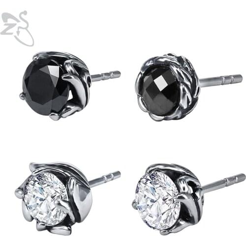 ZS Flower Earrings Crystal Stud Earrings Set for Women Fashion Jewelry Stainless Steel Stud Earrings Black Stone Ear Stud brinco