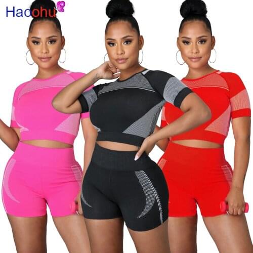 2021 Casual Running Two Piece Sets for Women O Neck Short Sleeve Bandage Crop Top High Waist Biker Short Active Wear Sweatsuits