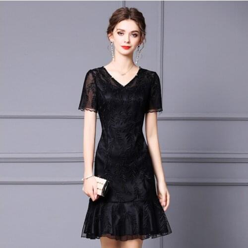 Gentle Black Female Gauze V-Neck Empire Trumpet Short Sleeve Embroidery OL Green Mermaid Summer Ladies Leaves Pink Elegant Dress