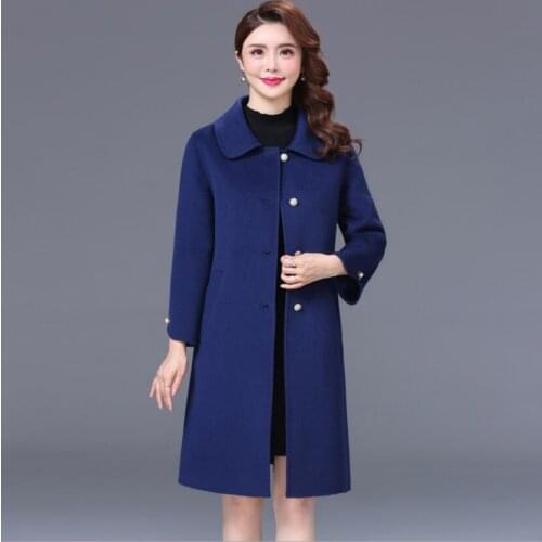 Blue Red Black Winter Long Loose Female Mom Woolen Coat Womens Grace Single Breasted Mothers Quarter Sleeve Cashmere Outerwear