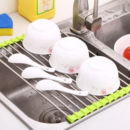 201 Stainless Steel Drain Stand Telescopic Sink Rack Kitchen Cleaning Fruit Vegetable Shelf Basket Fruit Vegetable Rack