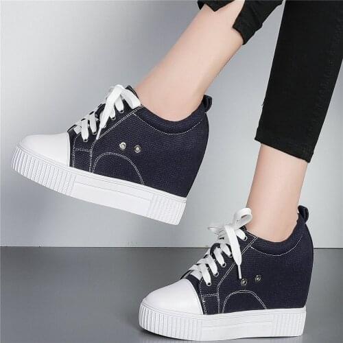 10cm High Heel Fashion Sneakers Women Lace Up Genuine Leather Wedges Ankle Boots Female Canvas Round Toe Creepers Casual Shoes