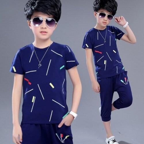Kids boys sports suit 2pcs cotton short-sleeved T-shirt printing color bar five pants summer new big virgin suit 6-12 years old