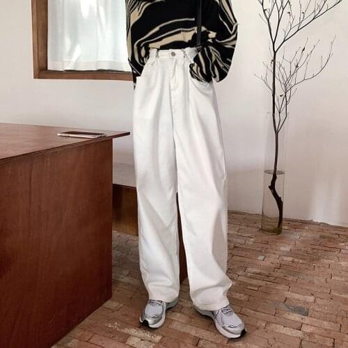 Loose Woman Jeans High Waist Folds Button Wide Leg Denim Trousers White Black Blue Boyfriend Baggy Jeans Femme Casual Streetwear