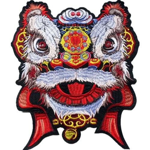 Red Chinese Lion Head Sew On Patches Embroidered Badges Lucky Animal For Clothes DIY Appliques Craft Decoration