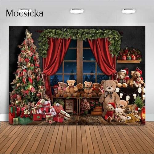 Bear Toy Christmas Windows Photography Backdrop Pine Tree Gifts X-mas Holida yParty Decoration Supplies Photocall Night Sky