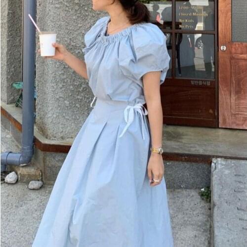 Fashion Bandage Waist Dress Women Summer New WomenS Clothes O-Neck Puff Sleeve Short Sleeve Elegant Blue Mid-Length Dress Women