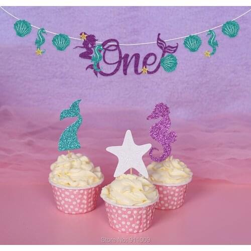 Sea Little Mermaid Theme Wedding Party Banners ONE Letters Bunting For Birthday Party Baby Shower Backdrops Decoration BA100