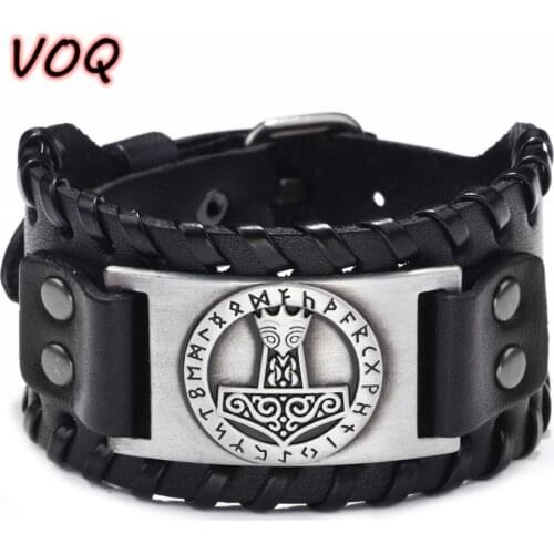 VOQ Toten Design Thors Hammer Bracelet Men Handmade Weave Wide Leather Wristband Adjustable Bangle Punk Jewelry Wholesale