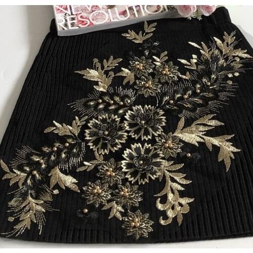 1Pcs 3D Black Gold Flower Embroidery Patch Mesh Net Fabrics Beaded Applique African Lace Sewing Wedding Dress Clothes Craft Diy
