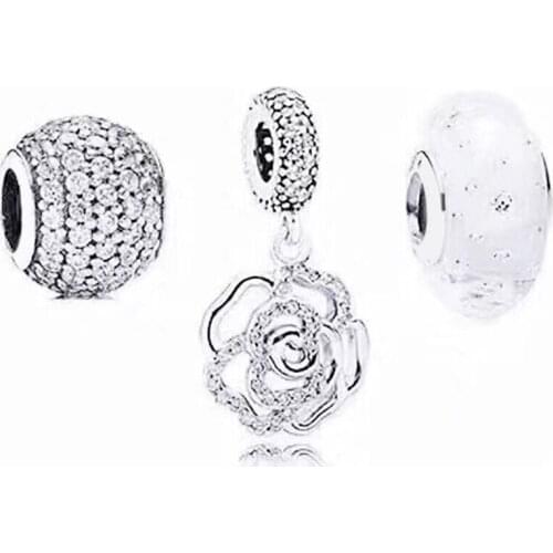 NEW 100% 925 Sterling Silver Pave Zircon Charm Beaded Rose Pendant Bubble Glass Bead Set Charming and Elegant Gift Surprise