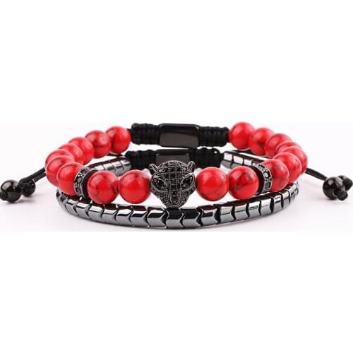 New Design Bracelet Men Red Turquoise Stone Hematite Beads CZ Pave Leopard Charm Macrame Bracelet Men Women