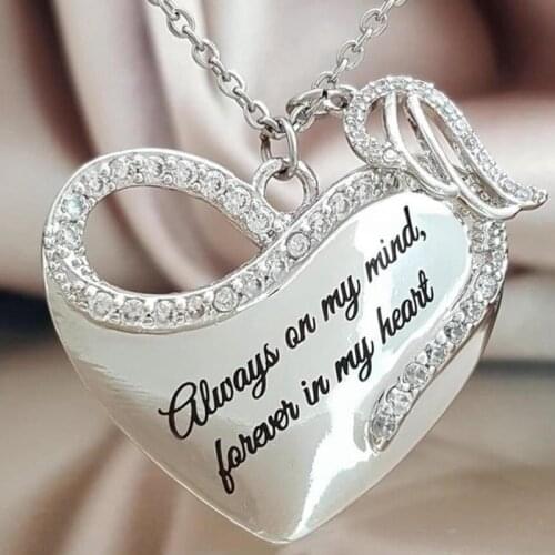 Always On My Mind Forever In My Heart Elegant Heart Angel Wing Charm Pendant Necklace For Family Lover Valentines Day Gifts