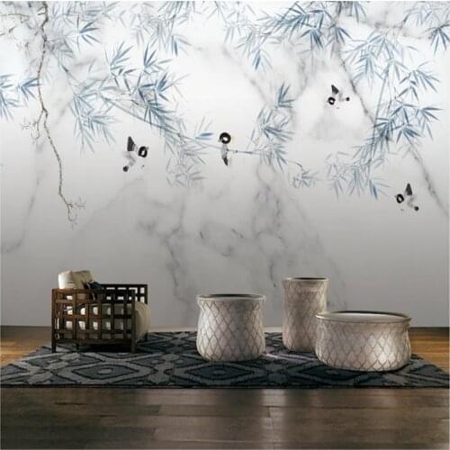 Custom wallpaper mural decorative wall new Chinese modern marble pattern bamboo flower bird background wall