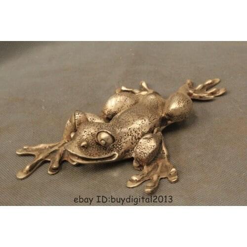 Crafts Arts 8"Chinese China Old Silver Folk Lifelike Beautiful Frog Statue Garden Decoration 100% Tibetan silver Bronze