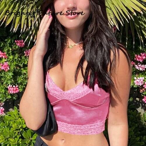 Silk Pink Tank Tops Women Sexy Cropped Tops Short Beach Streetwear Casual Cropped Tops Lace Macrame V-Neck Y2k Girls Party Tops