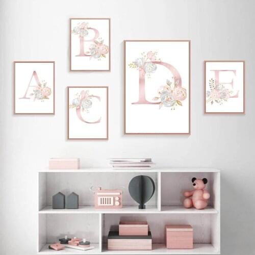 Nordic Children Cartoon Bedroom Canvas Art Drawing 26 English letters on pink flower-printed poster Baby Room Wall Decoration