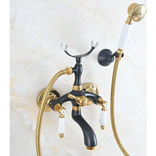 Black Oil Rubbed & Gold Brass 2 Handle Wall Mount Bathroom Bath Tub Faucet Set with 1.5M Hand Held Shower Spray Mixer Tap 2na553