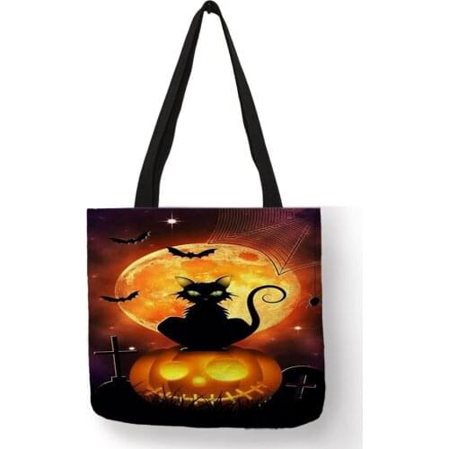 Excellent Painting Handbag 2018 Halloween Cat Full Moon Pumpkin Totes Eco Linen Reusable Practical Shoulder Bag for Women