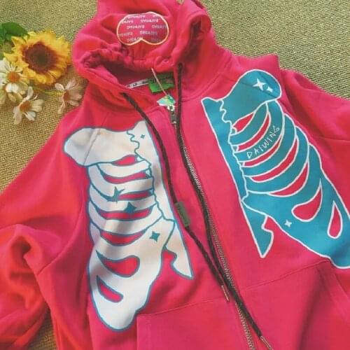 Oversize Hoodie Skull Print Sweatshirt Womens Jacket Loose O-Neck Warm Long Sleeve Sweatshirt Y2K clothes High Street Harajuku