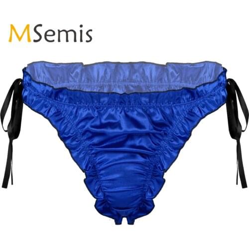 Mens Lingerie Ruffles Satin Sissy Underwear Low Rise Bulge Pouch Briefs Panties Breathable Lace-up Pleated Trim Underpants