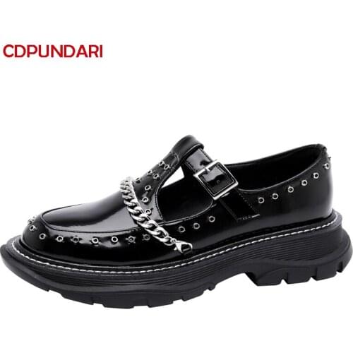 Luxury Genuine Leather Rivet Chain Punk Flat Platform Shoes T-Strap Comfortable Casual Loafers Zapatos Casuales De Mujer