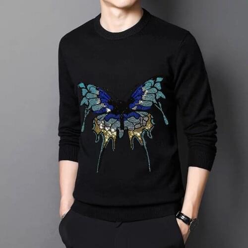 Spring Mens Sweater Oversized Butterfly Hot Diamond Rhinestone Design Casual Hip-Hop Knitting Suitable For Winter Knitwear 5XL