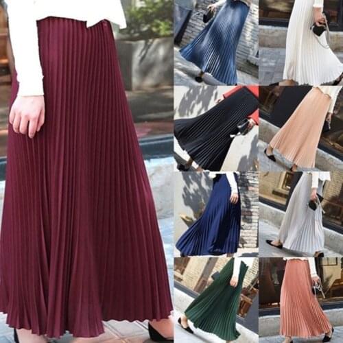 Summer Autumn Fashion Womens High Waist Pleated Solid Color Ankle Length Elastic Skirt Promotions Lady Black Pink