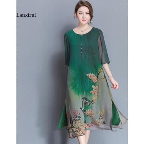Green Silk Dress With Buttons Casual Half Sleeve Floral Print Elegant Chinese Maxi Dresses For Women 2021 Summer Dress Plus Size