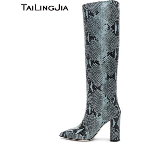 Snake Print Knee High Boots for Women Chunky Heel Long Boot New Arrival Ladies Pointed Toe Big Size Boots Factory Winter Shoes