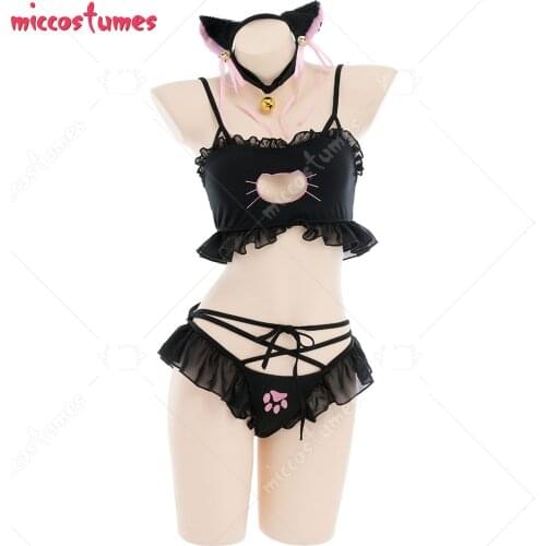 Woman Cat Girl Ruffled Style Lingeries Cosplay Costume Outfit with Necklace and Headdress