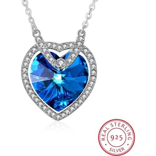 LEKANI Crystal Necklace 925 sterling silver Jewelry For Women Pendant Blue Heart Of Angel Lover Valentine' Gifts