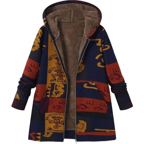 Winter Hooded Long Sleeve Fluffy Warm Coat Women Plus Size Streetwear Retro Ethnic Printed Fur Outerwear 2020 Casual Fashion