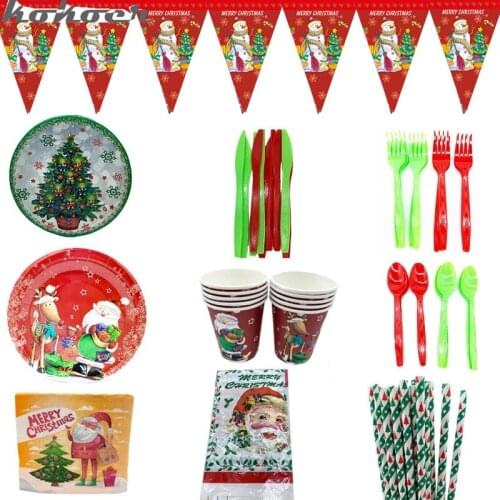 2021 Christmas Theme Party Disposable Tableware Merry Christmas Paper Plates Cups Pennant Dinnerware New Year Holiday Decoration