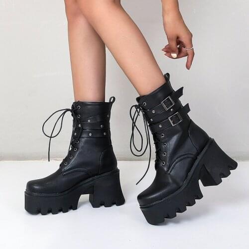 Black Fashion Square Toe Ankle Boots Platform Women Boots Chunky High Heel Martin Boots Lacing Zipper Auutmn Winter Woman Shoes