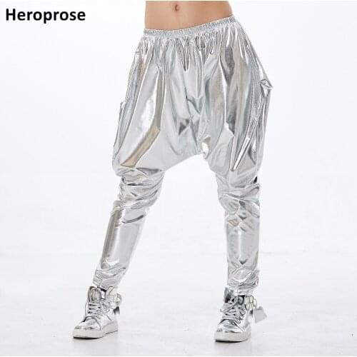 Heroprose New personality Silver kids adult big crotch trousers stage performance costumes harem hip hop dance skinny pants