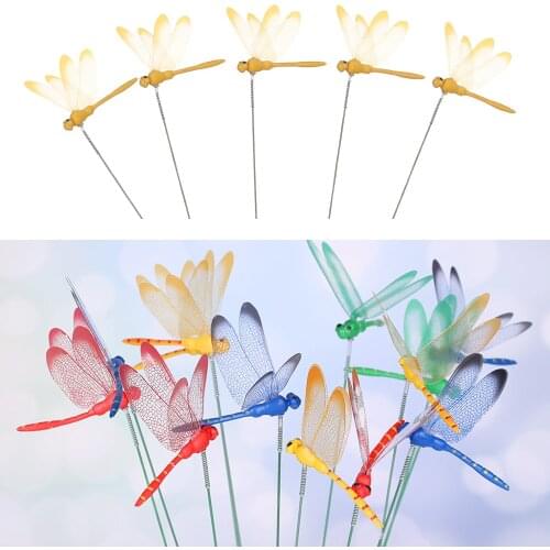 5PCS 3D Simulation Butterfly Lawn Ornament Thin Stick Artificial Colorful Dragonfly With Stem Creative Handicraft Garden Decor