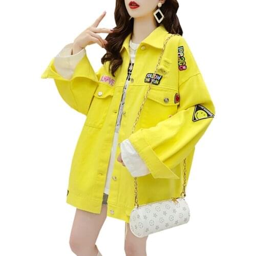 Fried street Denim Jacket Women Outerwear New Spring Autumn Cowboy Jackets Female Loose Embroidery Holes Tops Lady Streetwear