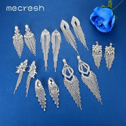 Mecresh Korean Silver Color Long Tassel Drop Earrings Fashion Jewelry Crystal Rhinestone Bridal Wedding Earrings for Women H1647
