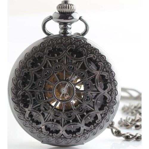 10pcs/lot Steampunk Black Hollowed Web Skeleton Mechanical Pocket Watch Roman Dial Pocket Watches