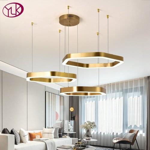 New modern led chandelier for living room Hexagon combined ring lamps home decor gold stainless steel hanging lighting fixture